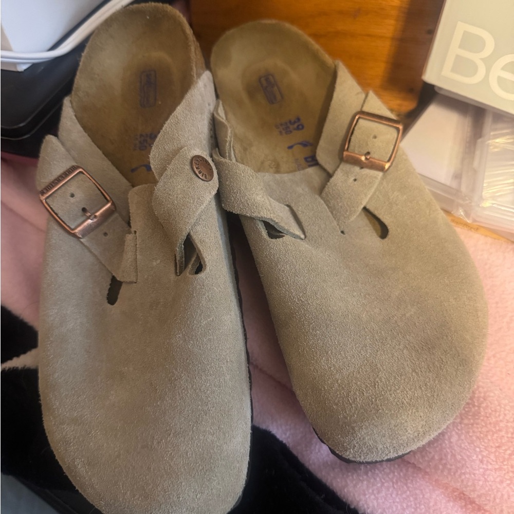 Birkenstock Beige Suede Clogs with Rose Gold Buckles